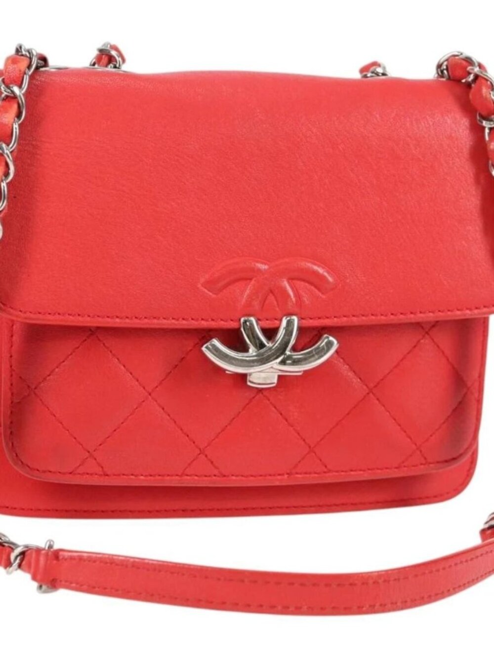 CHANEL Matelasse Chain Shoulder Bag Leather Red Silver CC Auth 138980M